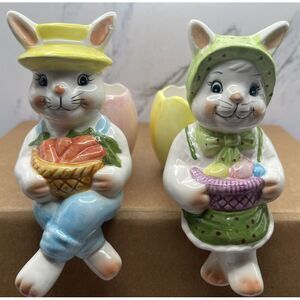 Lot of 2- 1994‎ Mr. & Mrs. Easter Bunny Ceramic Shelf Sitters with Egg Pot